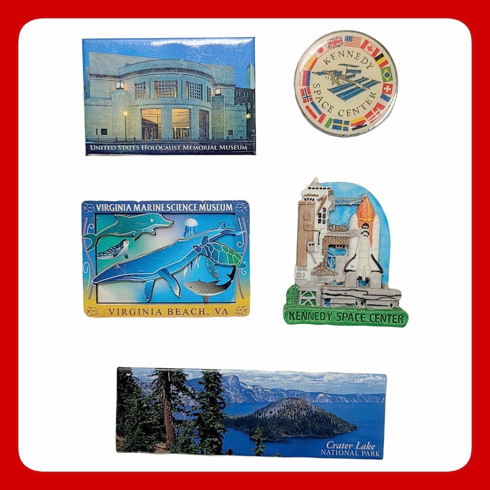 Lot 5 Vintage Travel Souvenir Magnets Kennedy Space Center Crater Lake Museum